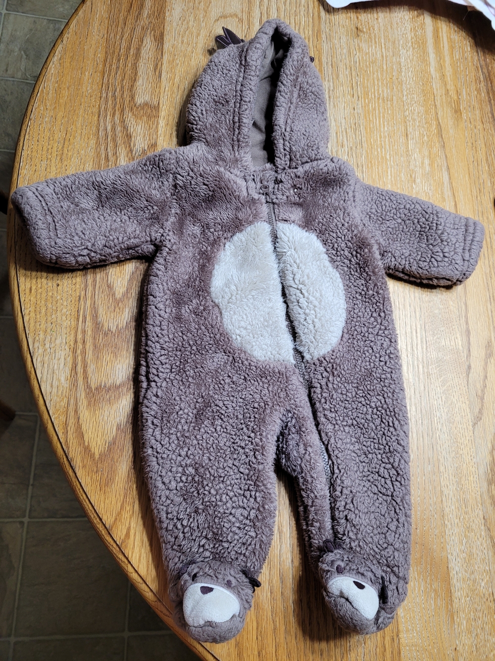 Kids Brown Plush Hooded One-Piece Romper with Bear Feet